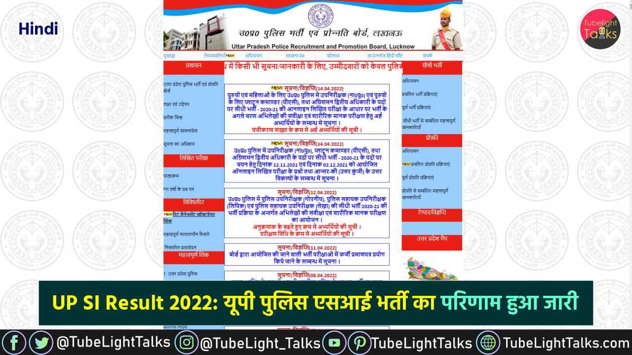 UP SI Result 2022 in hindi