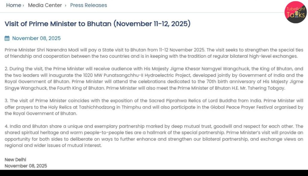 PM Narendra Modi’s Official Bhutan Visit Scheduled for November 11–12