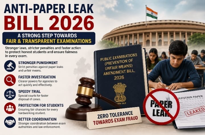 An infographic explaining the key provisions and features of the Public Examinations Amendment Bill 2026 for fair and transparent exams in India