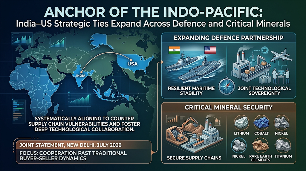 Anchor of the Indo-Pacific infographic mapping India-US strategic partnerships.