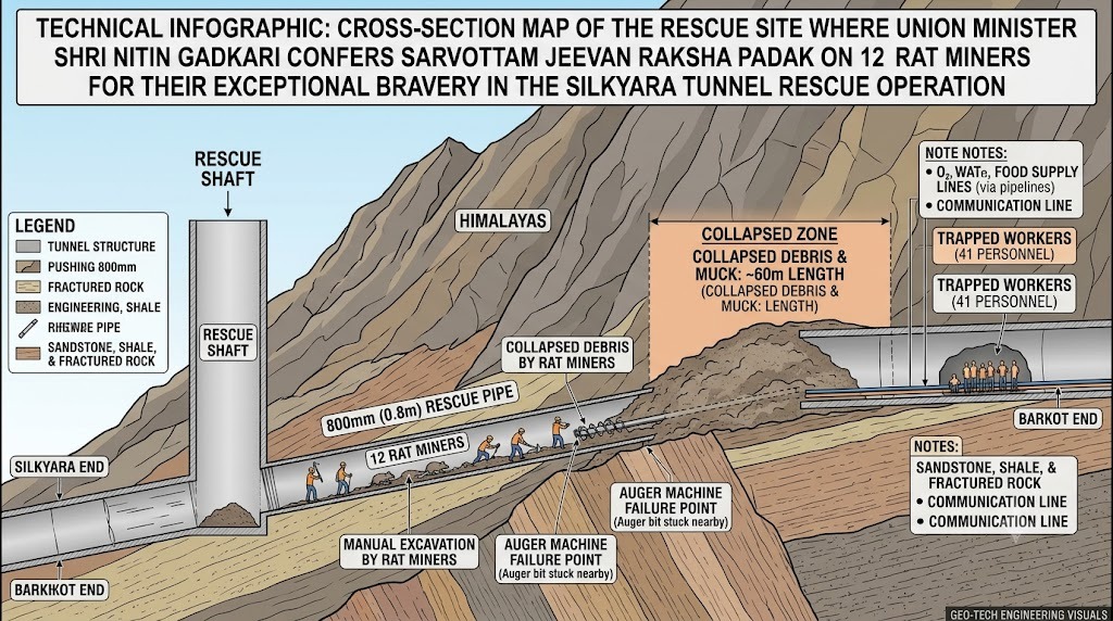 A Nation's Gratitude: Union Minister Shri Nitin Gadkari Confers Sarvottam Jeevan Raksha Padak on 12 Rat Miners for Their Exceptional Bravery in the Silkyara Tunnel Rescue Operation