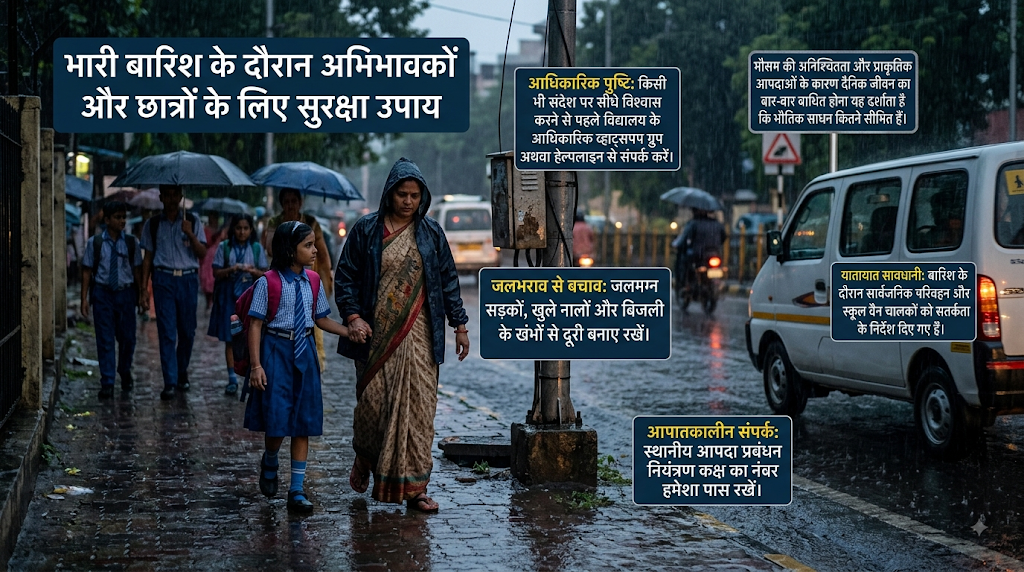 भारी बारिश के बीच स्कूल अवकाश की स्थिति और जलभराव का दृश्य
