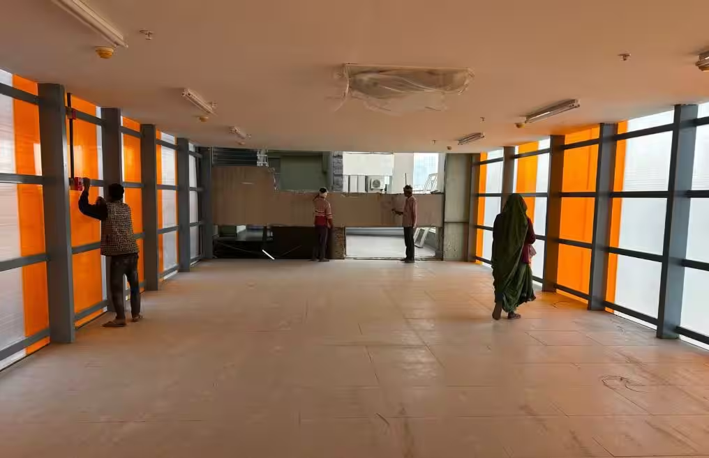 Air-conditioned skywalk between Noida Metro’s Aqua Line and Blue Line stations.