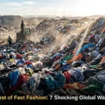 Mountainous landfill of discarded clothing demonstrating the hidden cost of fast fashion
