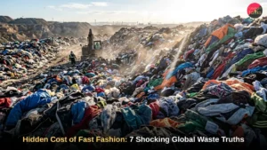 Mountainous landfill of discarded clothing demonstrating the hidden cost of fast fashion