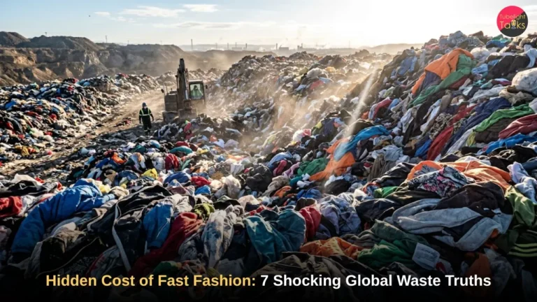 Mountainous landfill of discarded clothing demonstrating the hidden cost of fast fashion