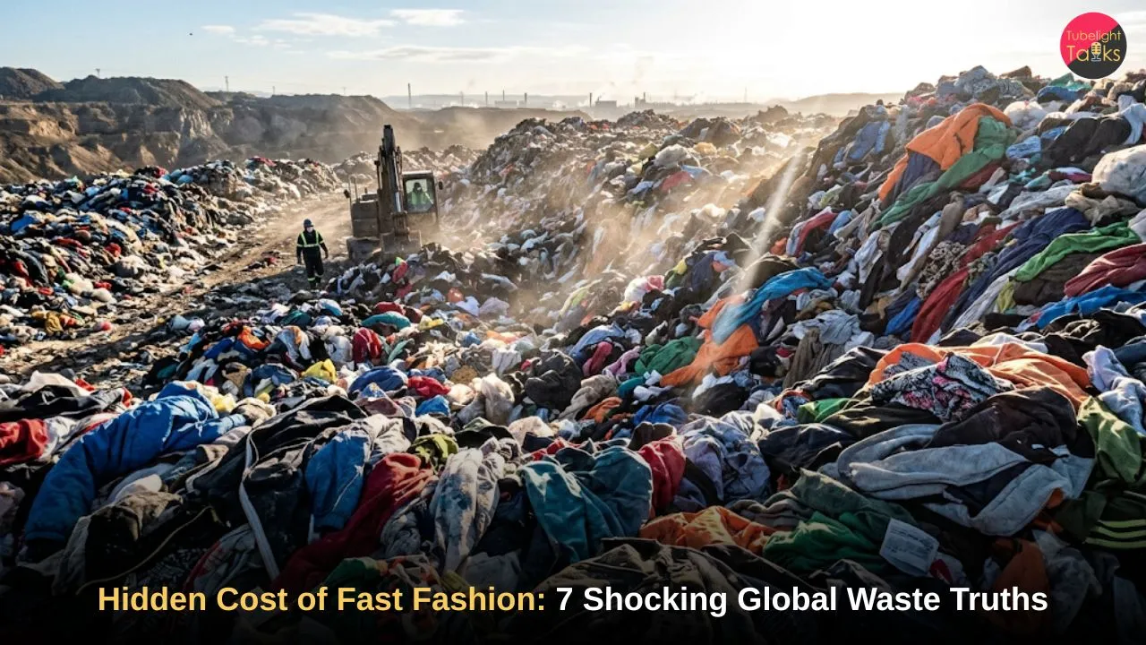 Mountainous landfill of discarded clothing demonstrating the hidden cost of fast fashion