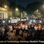 Students protesting outside the Indian Institute of Technology Bombay after a tragic student suicide incident.