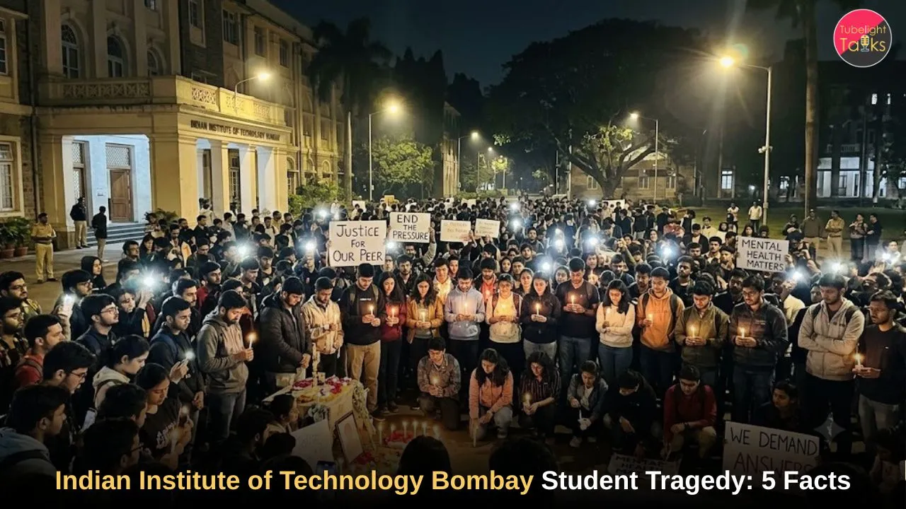 Students protesting outside the Indian Institute of Technology Bombay after a tragic student suicide incident.