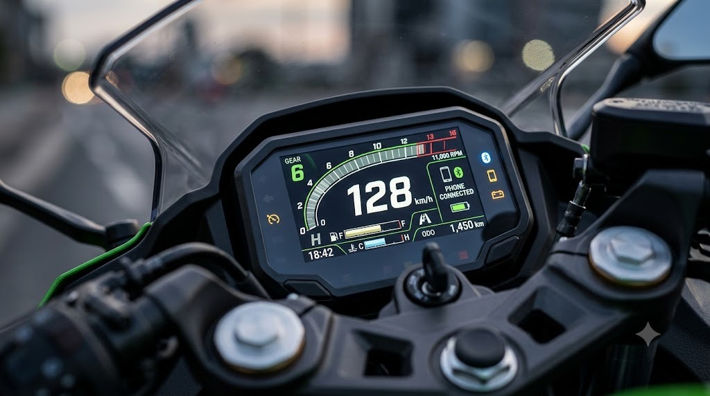 Close up of the advanced digital instrument cluster on the 2027 Kawasaki Ninja 500 showing connectivity features