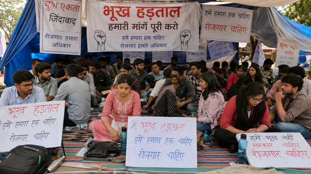 शिक्षक भर्ती 2025 पदवृद्धि की मांग को लेकर भोपाल में धरना देते अभ्यर्थी
