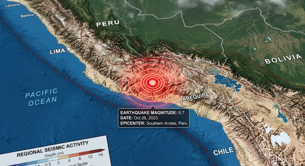 A seismic map highlighting the epicenter where a 6.7 magnitude earthquake shakes Peru]
